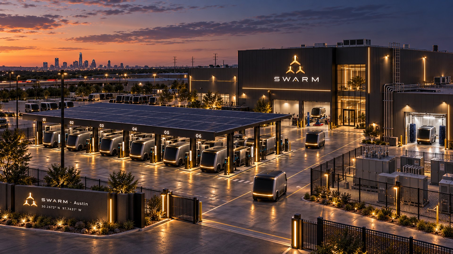 Concept rendering of a SWARM Hub in Austin: solar-canopied charging bays, autonomous vehicles, a service bay, wash bay, and electrical switchgear yard at dusk